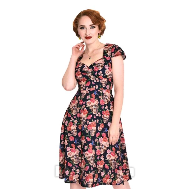 Voodoo Vixen Skull & Roses Flare Dress (Black) 6 Voodoo Vixen Skull & Roses Flare Dress (Black) - Image 4