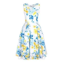 Bleeding Heart Blue & Yellow Flowers Dress (White)