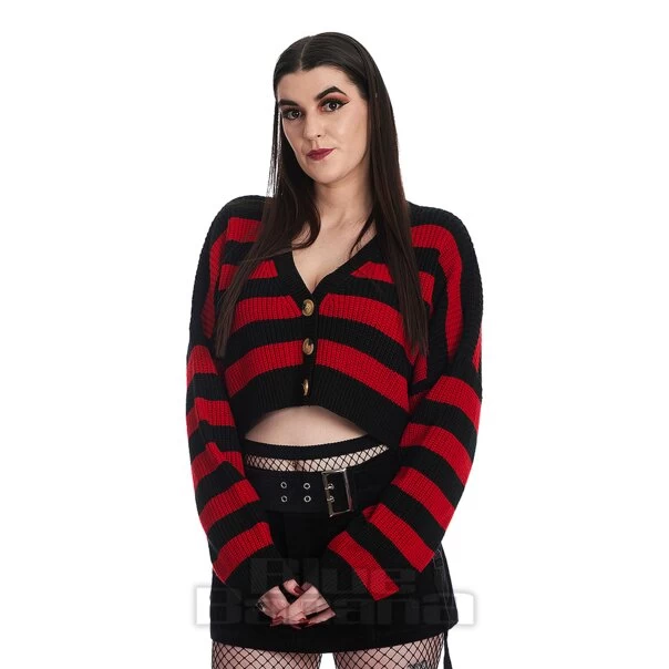Banned Naenia Cropped Striped Cardigan (Black/Red) 3 Banned Naenia Cropped Striped Cardigan (Black/Red)